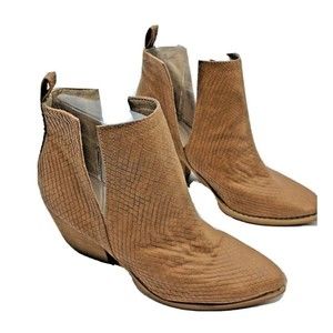 Dellytop Split Shaft Brown Snake Embossed Booties Stacked Leather Heel Size 6.5